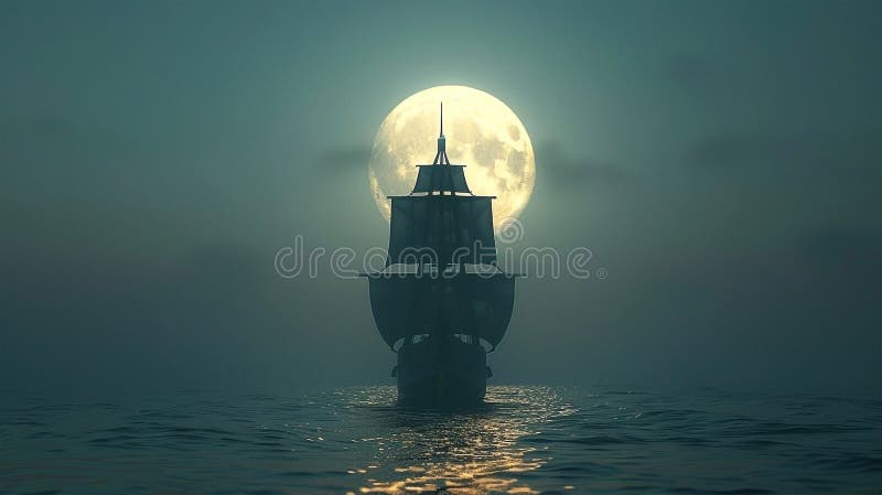 3d Darstellung eines Piratenschiffs auf See unter Vollmond stock abbildung