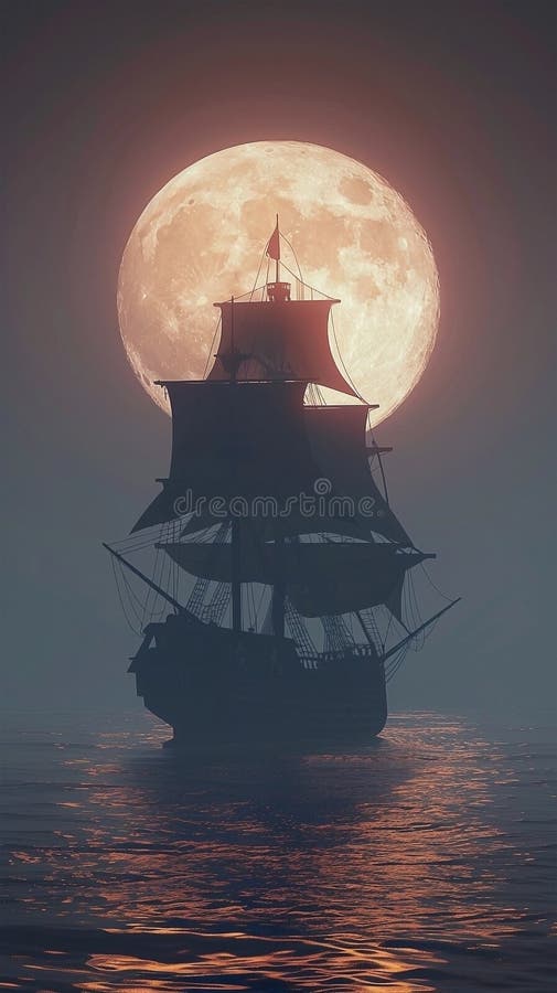3d Darstellung eines Piratenschiffs auf See unter Vollmond lizenzfreie abbildung