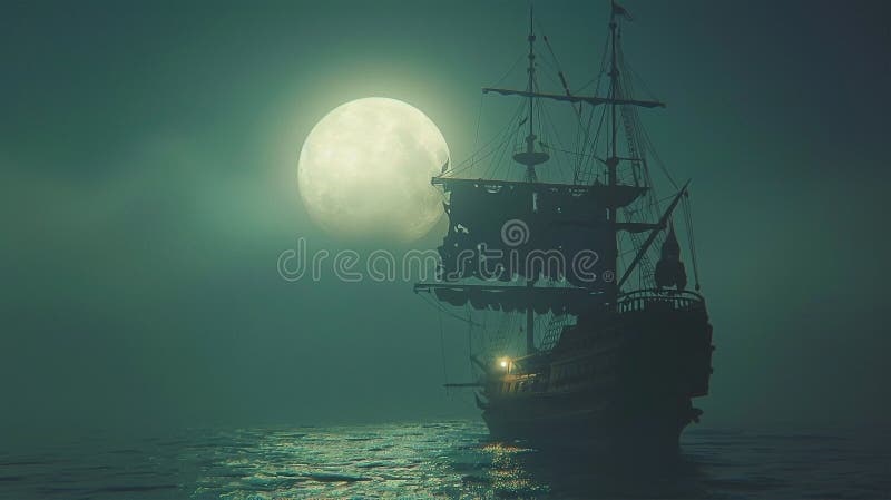 3d Darstellung eines Piratenschiffs auf See unter Vollmond vektor abbildung