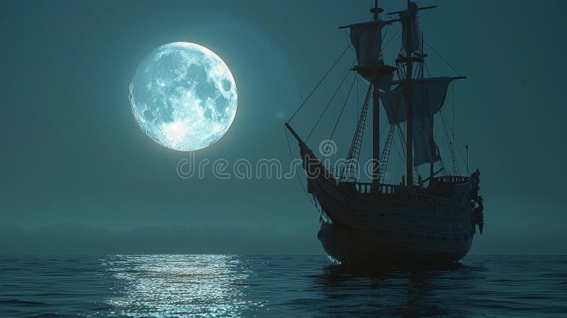 3d Darstellung eines Piratenschiffs auf See unter Vollmond vektor abbildung