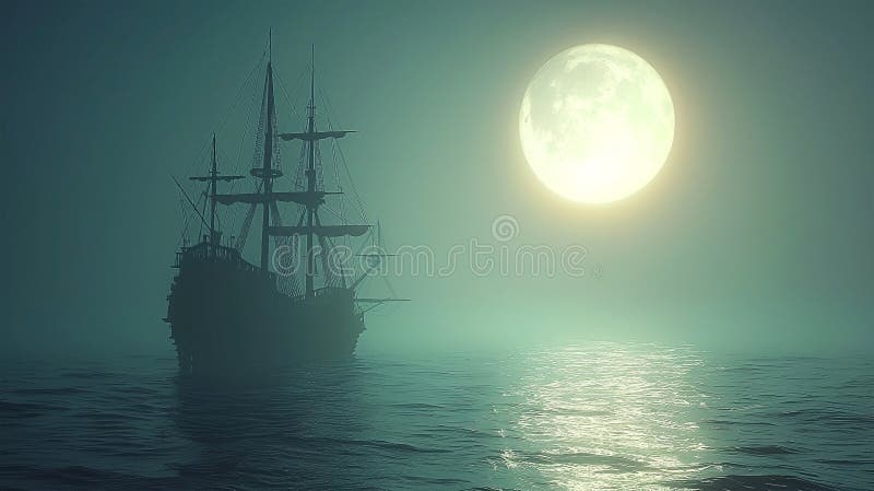 3d Darstellung eines Piratenschiffs auf See unter Vollmond vektor abbildung