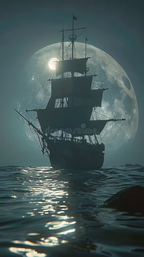 3d Darstellung eines Piratenschiffs auf See unter Vollmond vektor abbildung