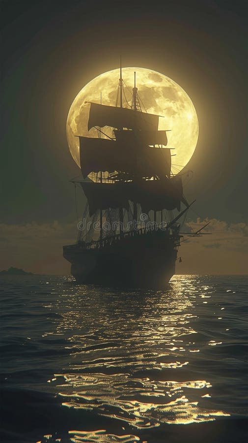 3d Darstellung eines Piratenschiffs auf See unter Vollmond vektor abbildung