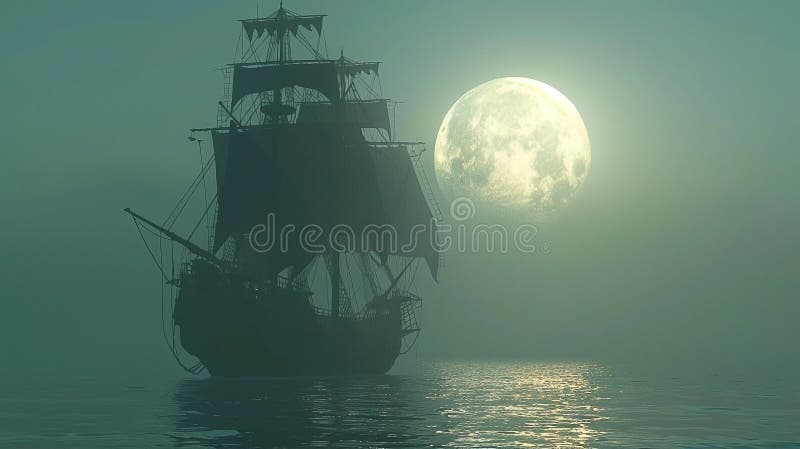 3d Darstellung eines Piratenschiffs auf See unter Vollmond vektor abbildung