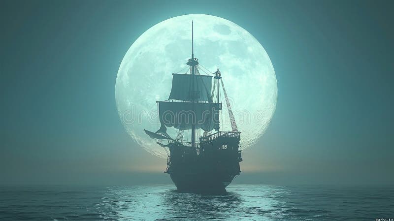 3d Darstellung eines Piratenschiffs auf See unter Vollmond lizenzfreie abbildung