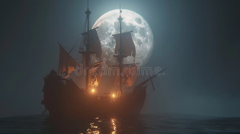 3d Darstellung eines Piratenschiffs auf See unter Vollmond stock abbildung