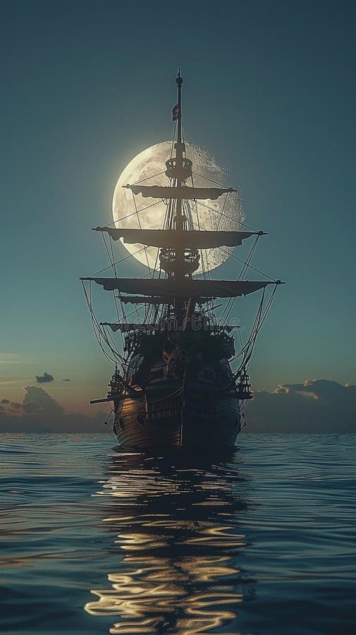 3d Darstellung eines Piratenschiffs auf See unter Vollmond lizenzfreie abbildung