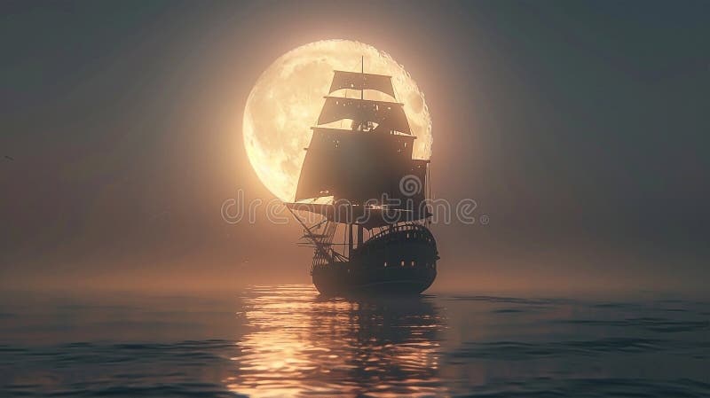 3d Darstellung eines Piratenschiffs auf See unter Vollmond stock abbildung
