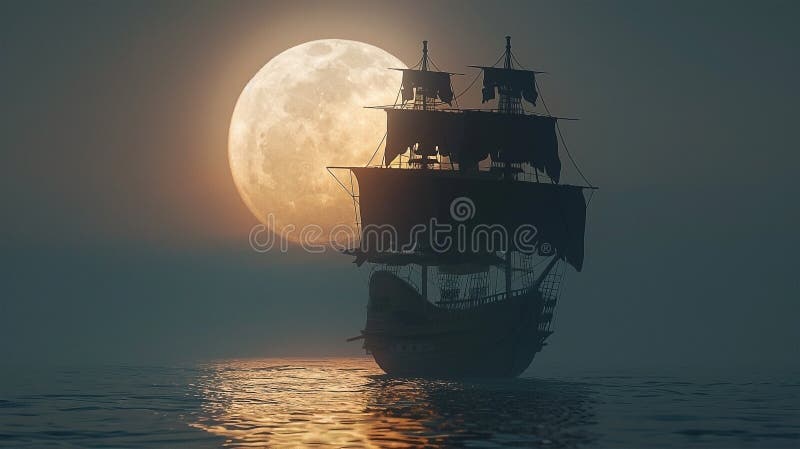 3d Darstellung eines Piratenschiffs auf See unter Vollmond stock abbildung