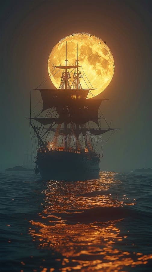 3d Darstellung eines Piratenschiffs auf See unter Vollmond stock abbildung