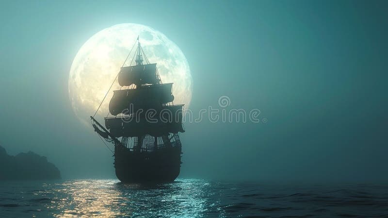 3d Darstellung eines Piratenschiffs auf See unter Vollmond vektor abbildung