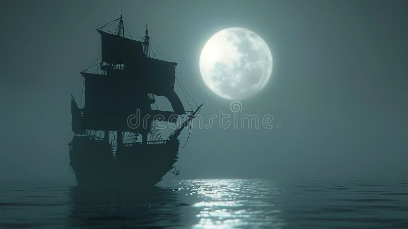 3d Darstellung eines Piratenschiffs auf See unter Vollmond vektor abbildung