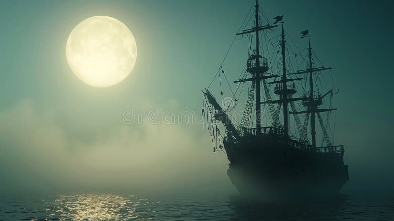 3d Darstellung eines Piratenschiffs auf See unter Vollmond vektor abbildung