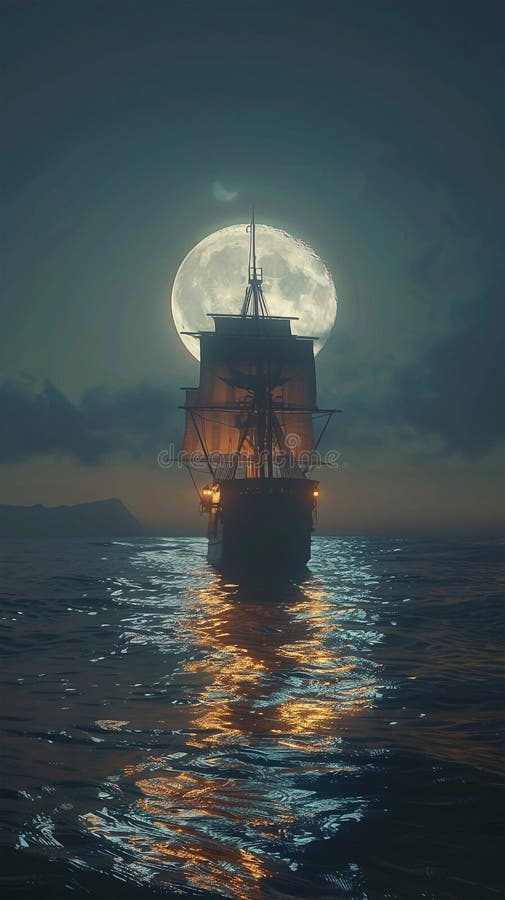 3d Darstellung eines Piratenschiffs auf See unter Vollmond lizenzfreie abbildung