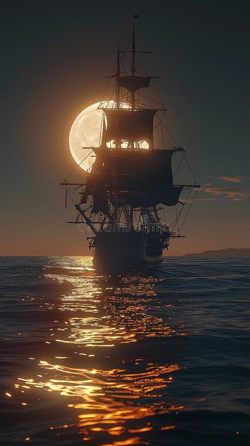 3d Darstellung eines Piratenschiffs auf See unter Vollmond vektor abbildung