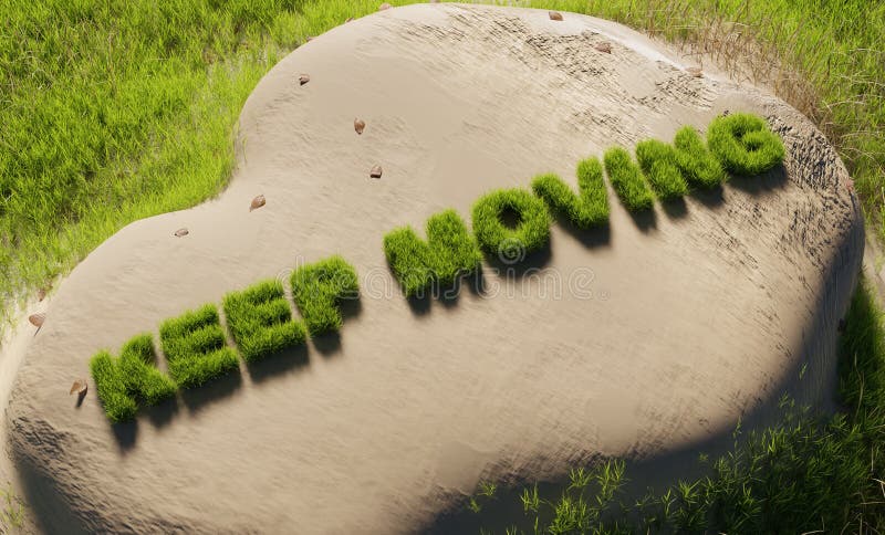 3D-Darstellung Seitenansicht bewegt sich weiterhin grünes Grasalphabet auf einem weißen Sand stock abbildung