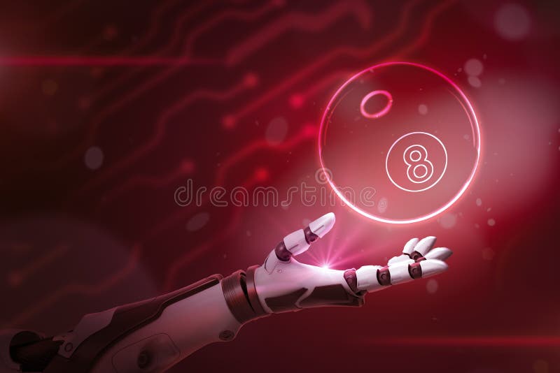 3D-Darstellung von Roboterhand-, Pool- und Billardkugel auf neonenrotem Hintergrund stockfoto 3D-Darstellung von Roboterhand-, Pool- und Billardkugel auf neonenrotem Hintergrund stockfoto
