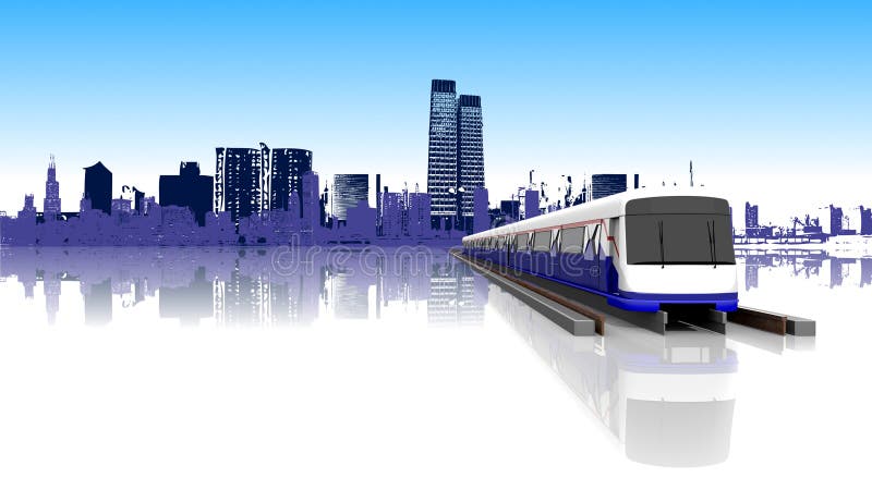 3D, das elektrische Zug auf den Schienen mit Innenstadt Stadt-Hintergrund überträgt lizenzfreie abbildung