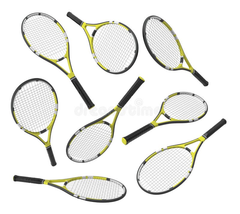 3d, das viele identischen Tennisschläger hängen in den verschiedenen Winkeln auf weißem Hintergrund überträgt vektor abbildung