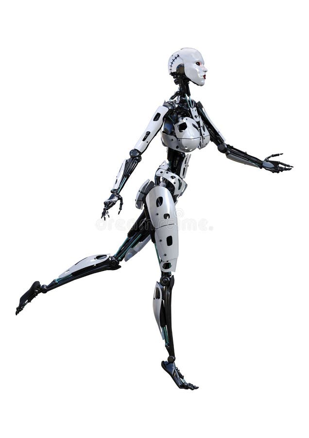 3D, das weiblichen Roboter auf Weiß überträgt. Wiedergabe 3D eines weiblichen Roboters lokalisiert auf weißem Hintergrund