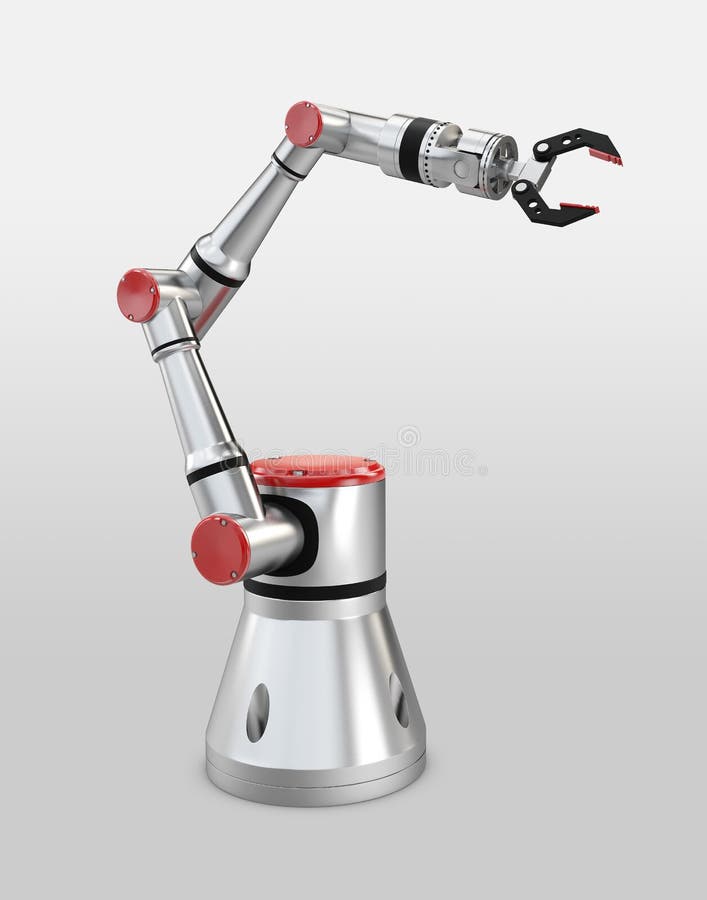 3d, das weißen Roboterarm auf weißem Hintergrund überträgt stock abbildung