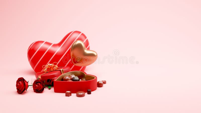 3d de cutii de ciocolată cu inimă deschisă, cu inimă lucioasă, flori frumoase de trandafir pe fond roz și copiere royalty free illustration