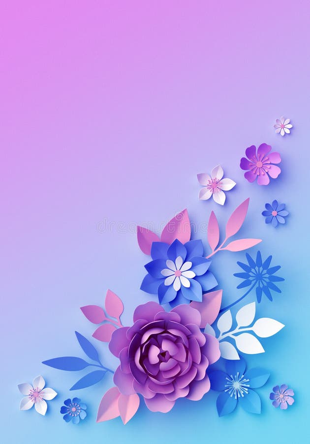 3d de flori de hârtie roz albastru neon pastilă colorată, tapet botanic, element de design din colț izolat, clip grafic royalty free illustration
