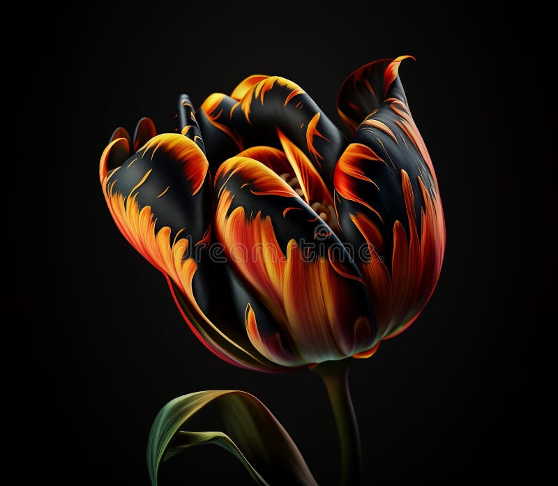 3D de flori de laleaua portocalie în fond negru închis. Ajutor generativ stock illustration