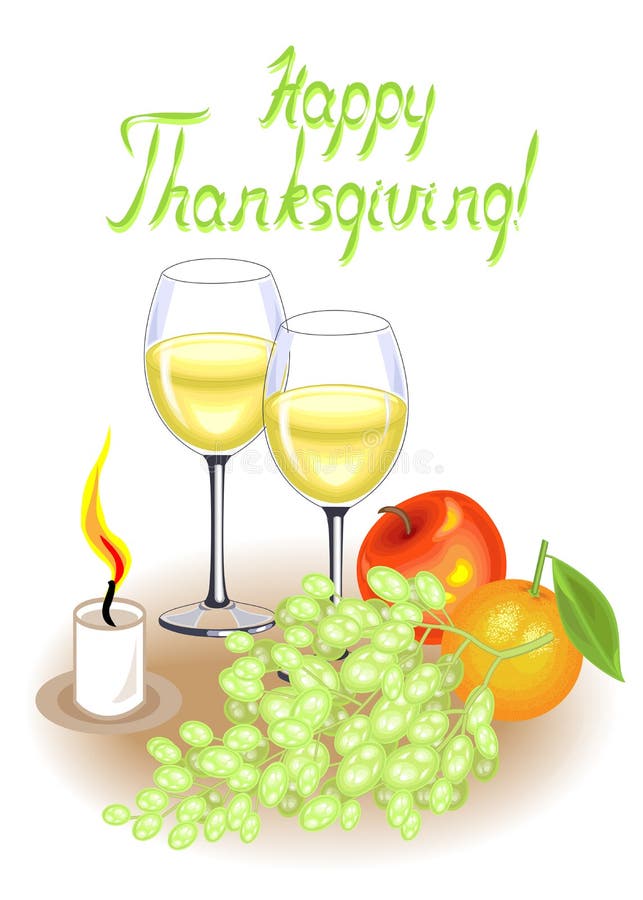 D?a de la acci?n de gracias Dos vidrios del vino blanco y de una vela Frutas, manzana, uvas y naranja del vintage Ilustraci?n del stock de ilustración D?a de la acci?n de gracias Dos vidrios del vino blanco y de una vela Frutas, manzana, uvas y naranja del vintage Ilustraci?n del stock de ilustración