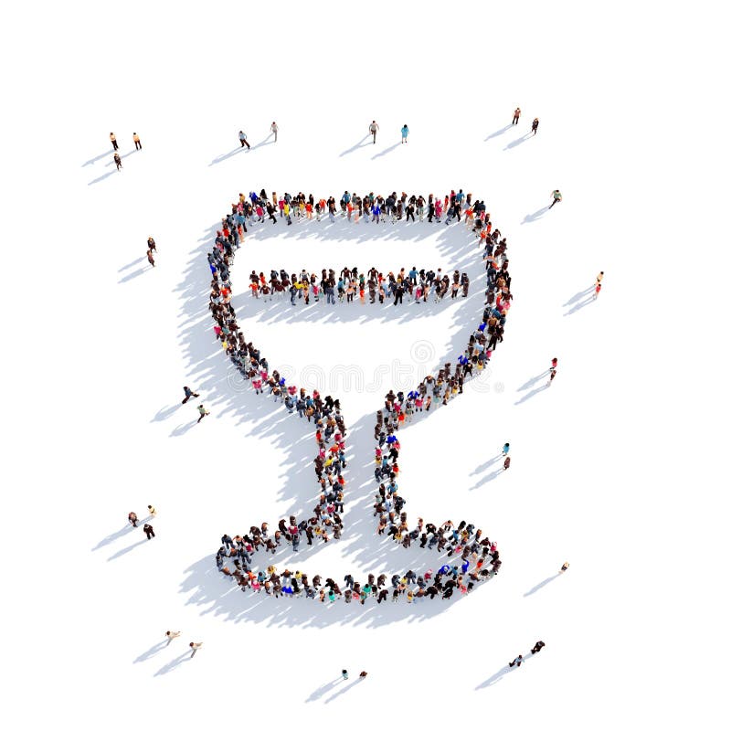 Large and creative group of people gathered together in the form of a glass of wine. 3D illustration, isolated against a white background. 3D-rendering. Large and creative group of people gathered together in the form of a glass of wine. 3D illustration, isolated against a white background. 3D-rendering.