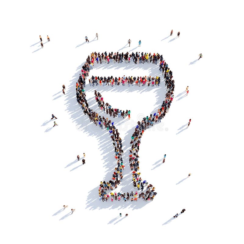 Large and creative group of people gathered together in the form of a glass of wine. 3D illustration, against a white background. 3D-rendering. Large and creative group of people gathered together in the form of a glass of wine. 3D illustration, against a white background. 3D-rendering.