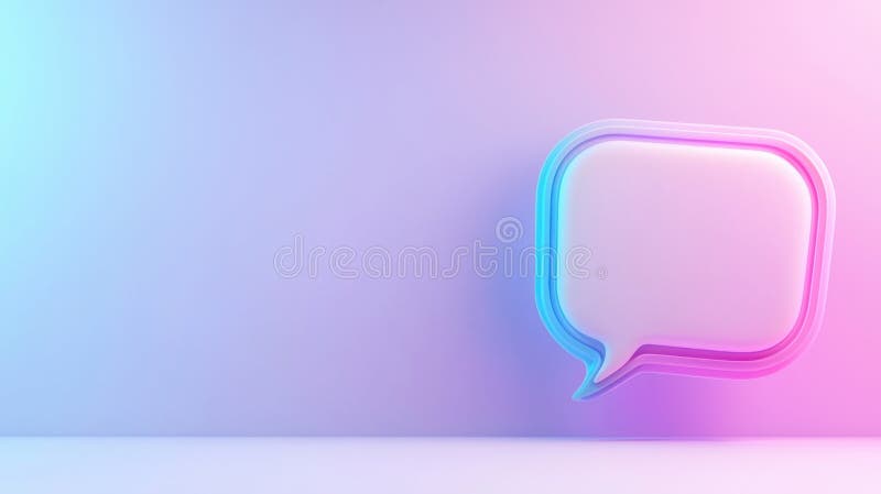 3d de o bulă de vorbire goală, conturată de neon, care plutește pe un fundal vibrant, reprezentând stock image