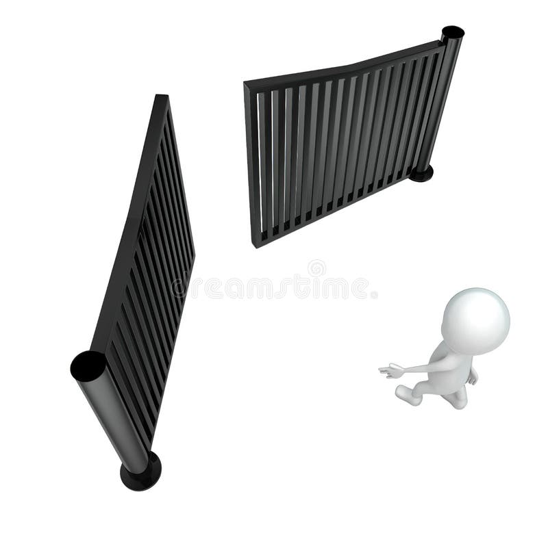 3d de oameni care fug și încearcă să scape de conceptul de închidere a porților stock illustration