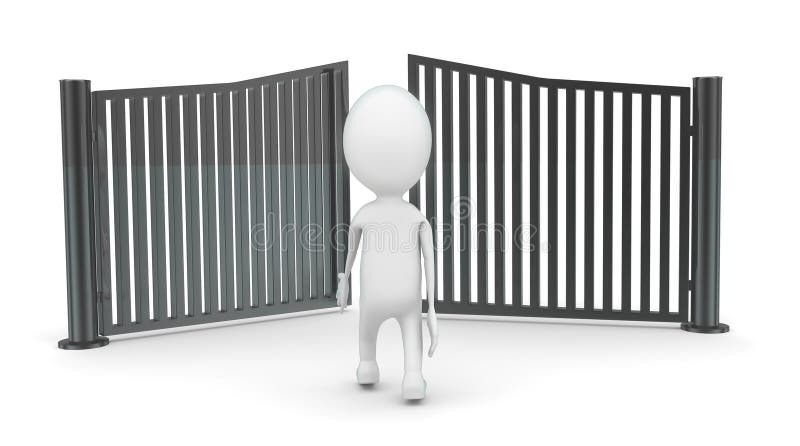 3d de oameni care fug și încearcă să scape de conceptul de închidere a porților. 3d de persoane care fug și încearcă să scape de conceptul de închidere a porților pe fundal alb 3d, făcând ca vizualizarea unghiului frontal