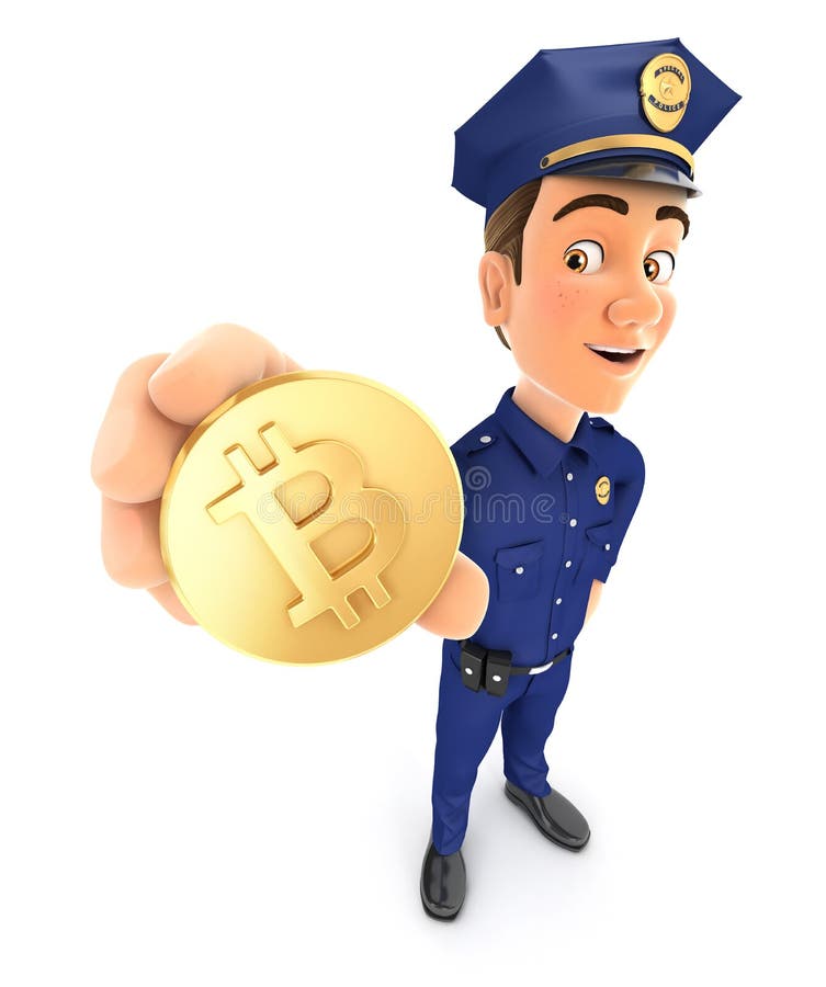 3d de polițist în picioare și ținând în mână bitcoin auriu royalty free illustration