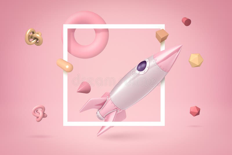 3d de rachete silențioase și de spațiu roz deschis care plutesc prin cadru alb pe fond roz deschis cu o mulțime de royalty free stock photography