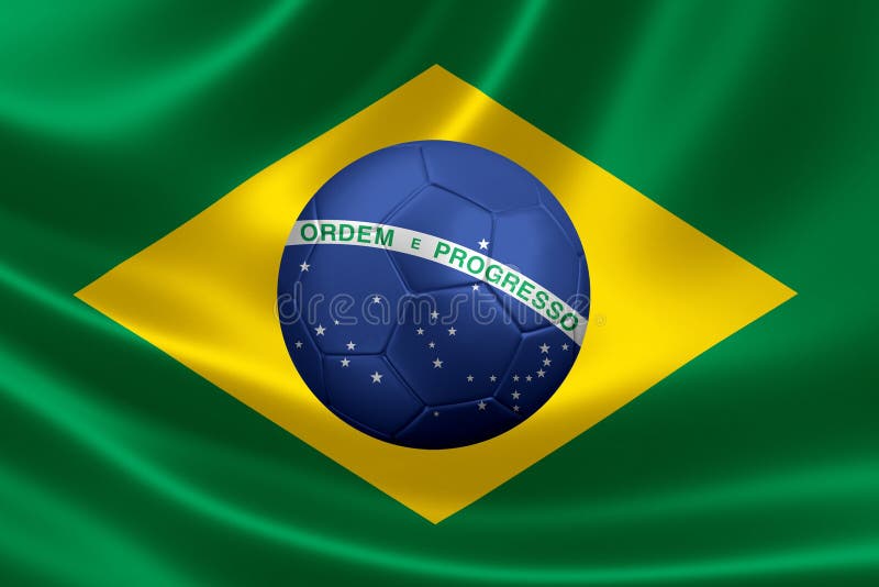 3d de redare a mingii de fotbal în inima unui steag brazilian royalty free stock photos