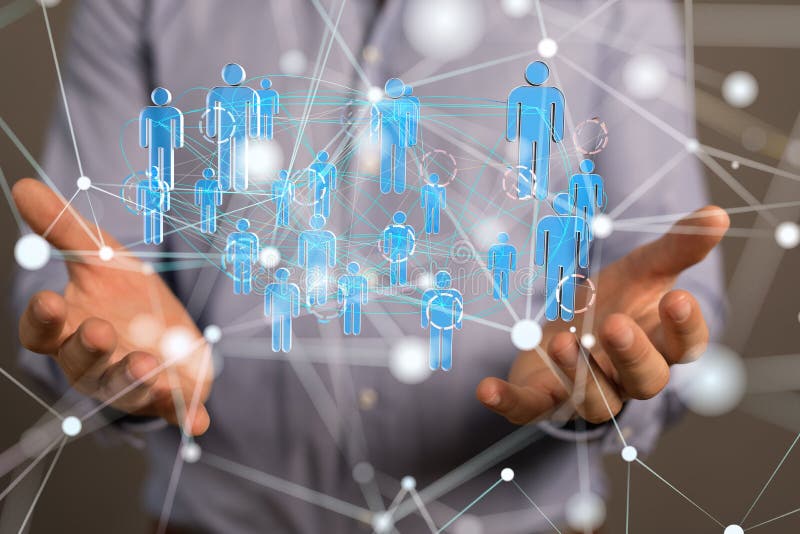3d de redare a personalităților umane plutitoare deasupra mâinilor, a rețelei globale și a conceptului de blocaj stock photography