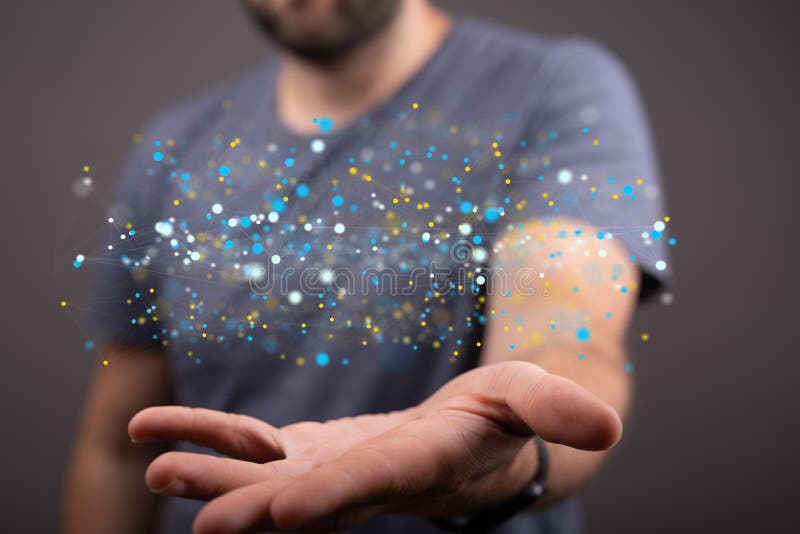 3d de redare a structurii rețelei plutind pe o mână de lucru stock photography
