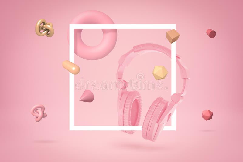 3d de redare a telefoanelor cu căști roz, cadru alb pătrat și o mulțime de obiecte geometrice plutind pe fond roz. stock image