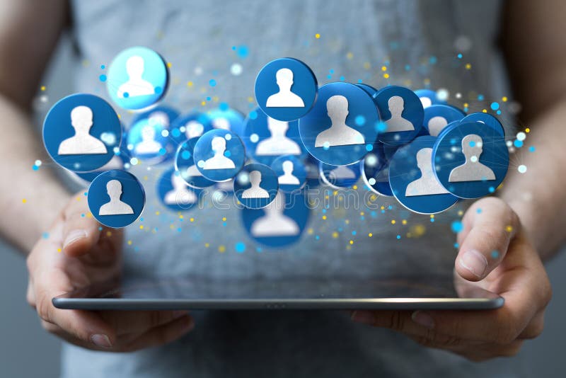 3d de redare a unui om de afaceri care deține o tabletă cu pictograme plutitoare de oameni albaștri stock image