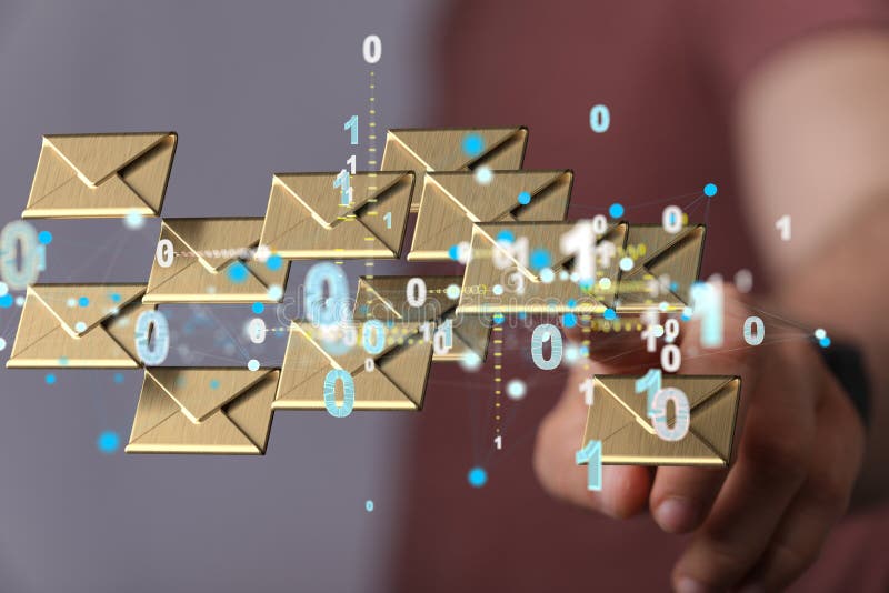 3d de redare a unui om care indică un concept de pictograme de e-mail flotant pentru comunicarea de afaceri stock photography