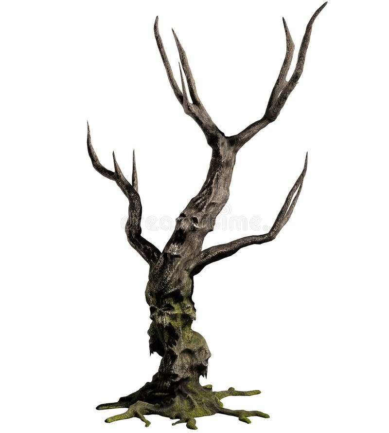 A 3D illustration of a demon tree with an embedded skull isolated on white background. A 3D illustration of a demon tree with an embedded skull isolated on white background.