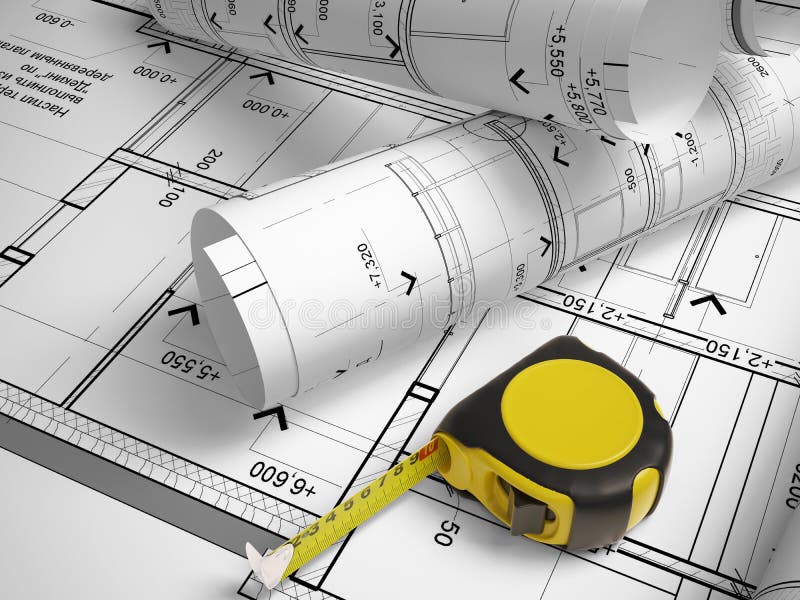 3d design of roofs on a background of drawings stock illustration