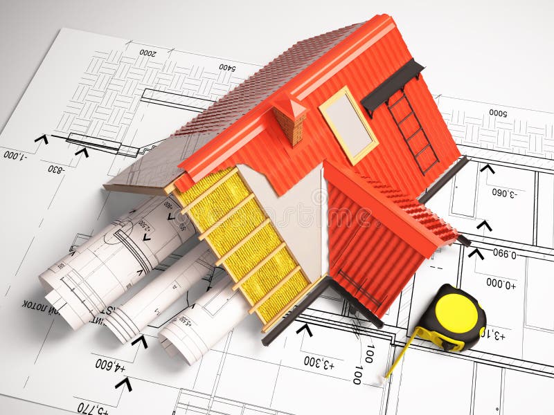 3d design of roofs on a background of drawings stock illustration