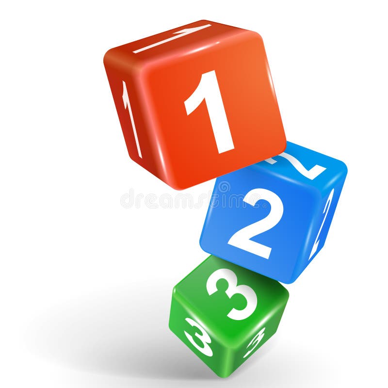 3d dice illustration with numbers one two three