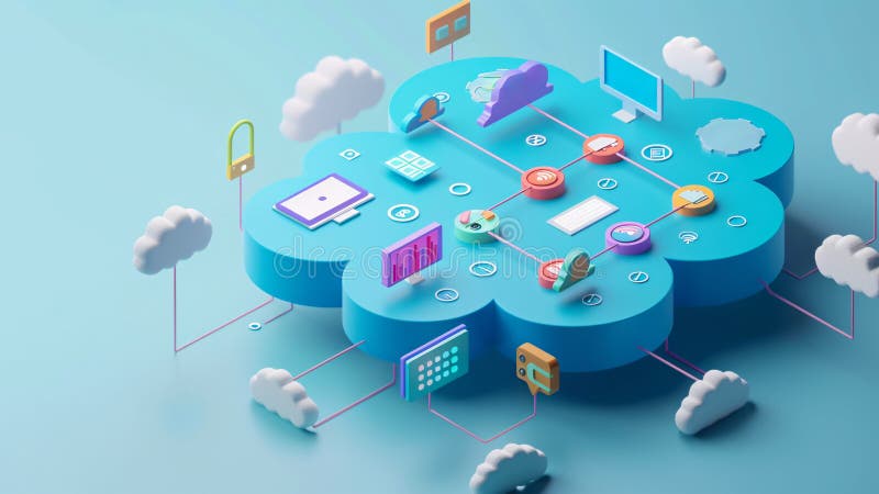 3D digital marketing, 3D cloud connected with various digital marketing symbols, generated ai royalty free illustration