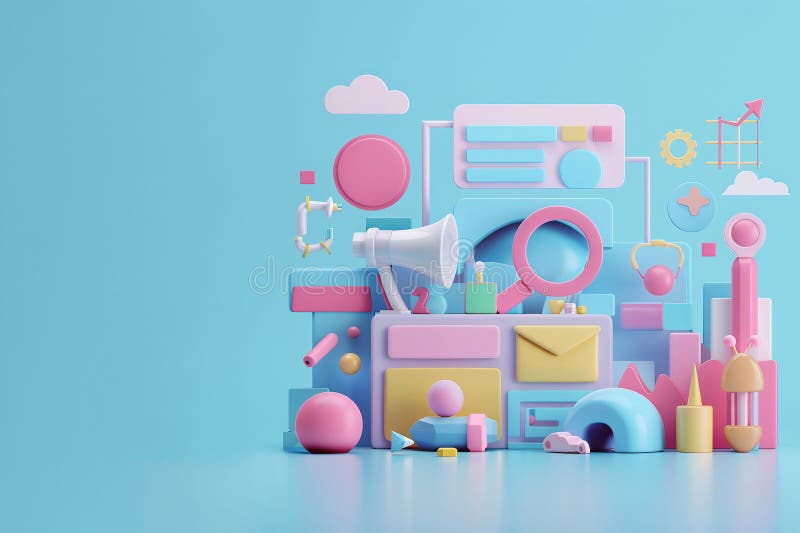 3D digital marketing, 3D search engine, digital marketing symbols, generated ai stock illustration