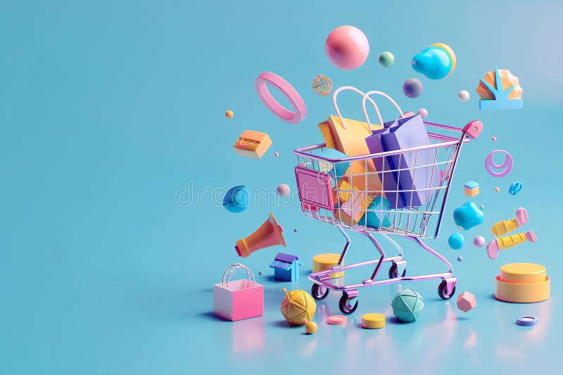 3D digital marketing, shopping cart, surrounded, digital icons, generated ai royalty free illustration