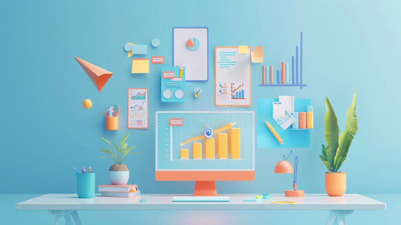 3D digital marketing, digital sketches and plans for a marketing campaign floating above the desk, generated ai vector illustration